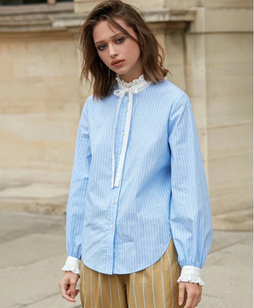 Mes Demoiselles Christofle Shirt Paris Blue Pinstripe Ruffle Bow Blouse US 2